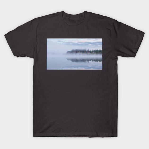 Calm foggy lake scape summer night T-Shirt by Juhku